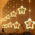 Warm white LED Christmas curtain string lights with Santa and tree inside star pendants - Warm White USB Remote Star