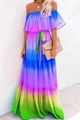 Off-shoulder long dress with blue purple green gradient and matching waist belt - S / Dresses / Blue