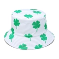 Detailed view of St. Patrick's Day bucket hat with green shamrock prints and brim stitching - M (56-58cm) / White