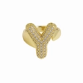 Adjustable 18k gold plated bubble letter Y ring with sparkling pave cubic zirconia - Letter Y / Gold