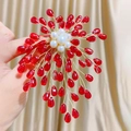 Handmade gold wire brooch featuring white pearls and red teardrop beads in floral shape - Red Teardrop Beads Style(TB034)