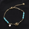 Bohemian gold chain bracelet featuring turquoise beads and a white pearl pendant - Pig Nose Pearl Blue Beads Chain B02015G-10