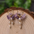 Vintage style drop earrings featuring purple amethyst, white pearls and gold metal hooks - Amethyst