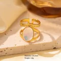 Gold plated titanium steel ring with opal stone and textured double band design - Adjustable Open / Gold Double-Layer Intertwined Granular Texture with Oval White Stone (JOM25001)