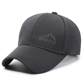 Dark grey baseball cap with mountain embroidery and sports lettering in a side view - Adjustable / Gray