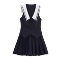 Navy blue sailor collar sleeveless pleated mini dress with contrast trim and slim fit design - XS / Dark Blue