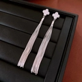 Silver drop earrings featuring clover top and long tassels with sparkling white zircon - Luxury Clover Tassel (42#)