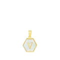 Hexagon 18k gold plated titanium steel pendant featuring a white shell inlay and letter V - Letter V