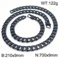 Matte black stainless steel Cuban link necklace and bracelet set for men, 9mm width - Necklace 70cm + Bracelet 21cm (KS220794-Z)
