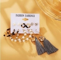 Bohemian style earring set with leopard print hoops and elegant pearl studs on a white card - Bohemian Tortoise Tassel Artificial Pearl Combination (50352HB)