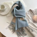 Double-sided fringe scarf in blue and beige cashmere-feel fabric for winter - Sky Blue Beige