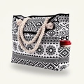 Detail of printed tote bag featuring thick rope handles and a practical side pocket for bottles - Ethnic Geometric