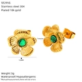 Detail of 18k gold plated flower stud earrings with turquoise center and 12mm dimensions - Flower Shape Green Gemstone Style (SE295G)
