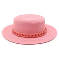 Pink flat top straw hat for women with chunky chain decor for summer beach vacations - M (56-58cm) / Dusty Pink