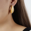 French style gold-plated titanium steel earrings with white enamel and hammered texture - White Enamel Gold Color / Gold White