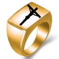 Polished gold stainless steel signet ring with black crucifix engraving detail - Curved Bar Gold