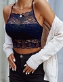 Navy blue floral lace bralette with beige knit cardigan and gold pendant necklace - Navy Blue