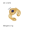 18k gold plated stainless steel sunburst ring with deep blue oval gemstone - Sun Texture Radial Design Style (HF-J1478)