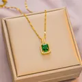 Elegant gold titanium steel necklace with rectangular emerald green pendant and zirconia - 6041 Rectangle Green Zircon / Gold Green Zirconia