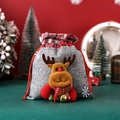 Christmas gift bag with 3D reindeer design on gray burlap and red plaid drawstring top - Small Square Bag with Bells - Christmas Reindeer
