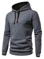 Detail of grey men's hoodie featuring square grid texture fabric and hooded drawstring - Gray