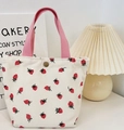 Sac fourre-tout en velours côtelé blanc avec imprimés fraises et poignées roses de mode - Sac à lunch beige
