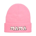 Detail of pink knitted beanie with MAMA embroidered plush patch and clear stitch texture - Adult Style(MAMA) / Deep Pink