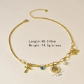 Gold-tone hip hop necklace with Ankh cross, Evil Eye charms and white pearl pendant - Necklace