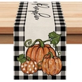 Linen table runner featuring orange pumpkins and black white plaid for fall harvest decor - 33cm*90cm
