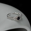 Irregular silver textured open ring with a round black gemstone accent for women - Adjustable Open / White Gold