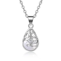 Silver teardrop necklace featuring translucent white stone and intricate filigree details - White Cat's Eye Stone