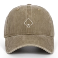 Detailed view of the embroidered spade logo on a vintage washed cotton baseball cap - Khaki