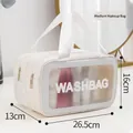 White double-layer waterproof PU wash bag with clear window and top handle, 26.5x16x13cm - Double Layer Medium - Dry Wet Separation / White