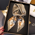 Champagne gold floral silk scarf for women featuring geometric star patterns and satin finish - FJ922-1 Brown