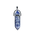Detail of blue and white natural stone hexagonal pendant with silver metal bail clasp - Blue Spot Jasper