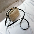 Straw crossbody bag with black leather trim and golden metal lock for summer vacation - Black