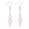 Detail of pink crystal hexagonal pillar earrings with silver wire wrapping craft - Wire Wrapped Hexagonal Prism Earrings / Silver Rose Quartz Earrings