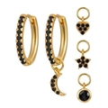 Gold-plated S925 silver needle hoop earrings set with black zircon moon and star charms - Black Zircon Gold