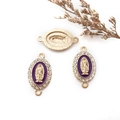 Ciondolo per gioielli fai-da-te con smalto dorato della Vergine Maria viola e strass - Collegamento Doppio Foro - Strass Bianco - 13x23mm / Base Viola