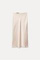 Elegant champagne satin midi slip skirt with smooth glossy finish and high waist design - XS / Off White