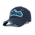 Vintage marineblauwe honkbalpet met 3D Atlantic borduursel en gescheurde denim details - Eén Maat Verstelbaar / Marineblauw