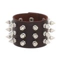 Detailed view of dark brown leather punk bracelet with three rows of silver metal spikes - Brown