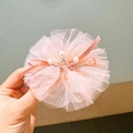 Pink tulle hair clip featuring a silver mini crown and white pearls for girls - Sweet Pink
