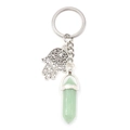 Hamsa Hand keychain with hexagonal green jade crystal pillar and silver metal chain - Green Aventurine
