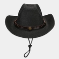 Detail of black straw cowboy hat featuring brown leather band with gold metal studs - One Size / Black