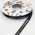 Dark blue grosgrain ribbon with gold LOVE IS ETERNAL foil print on a white spool - 1cm*33 Yards / Navy Blue Gold Stamped