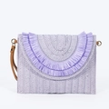 Lavender straw woven clutch with layered fringe detail and brown faux leather wristlet - Purple Raffia