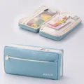 Light blue expandable canvas pencil case with basic embroidery and layered storage - Light Blue Cream Brick