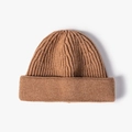 Classic warm brown ribbed knit beanie hat with double-cuffed brim for winter outdoor wear - Khaki