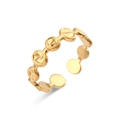 Golden woven open ring with circular hammered metal discs in a minimalist retro style - Adjustable Open / Hammered Round Disc Open Ring